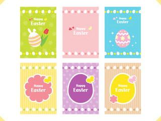 イースターのカードデザイン、イースターエッグやイースターバニー、春の花やチョウチョを描いたパステルカラーのカードのセット