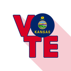 Vote sign, postcard, poster. Banner with Kansas flag with long shadow. Vector illustration.