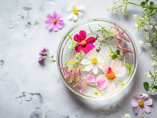 Petri dish with flowers. herbal research concept for phytotherapy.