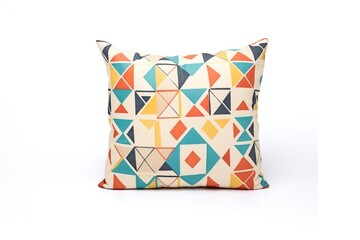 isolated geometrically patterned cushion on white background