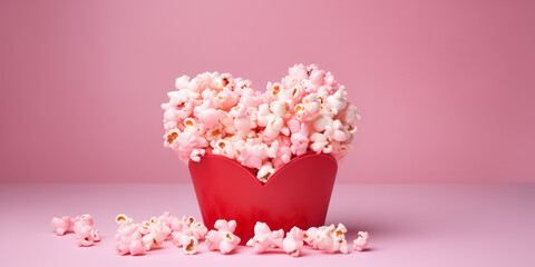Bucket with tasty popcorn on red background with striped box with popcorn popcorn spinning in circles around, 
