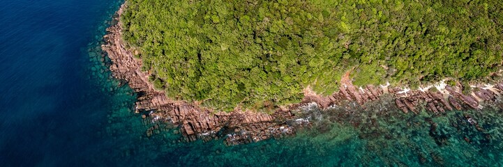 Aerial view of a lush forest meeting a rocky shoreline and the clear blue sea, highlighting the natural beauty of a coastal landscape