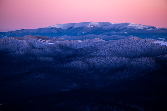 Winter landscape of the Bieszczady Mountains. A view on the Polonina Rivna in Ukraine from the Polonina Carynska, Poland.