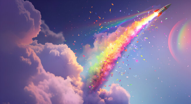 Rocket with rainbow and confetti smoke