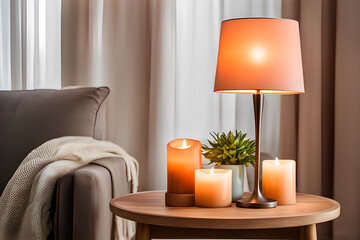 Charming Nook: Living Room Serenity with a Wooden Table, Peach Lamp, and Candles