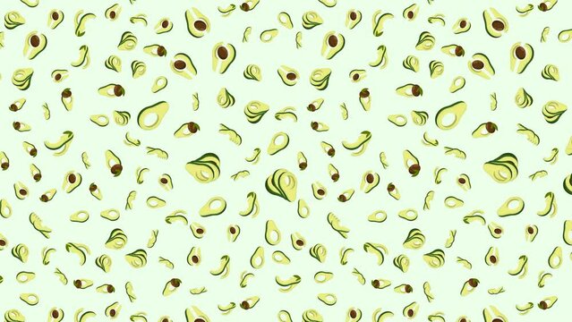 Avocado cutting fruit animated seamless pattern. Avocado wedges and slices. Design element. Looped video background