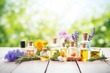 assortment of essential oils in clear bottles on wooden table - obrazy, fototapety, plakaty