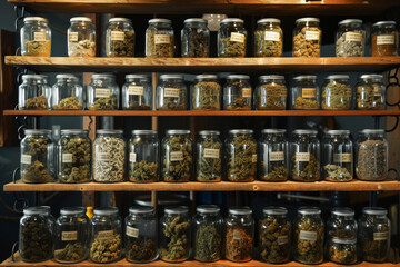 Apothecary Jars of Assorted Cannabis Strains.
Various cannabis strains in labeled jars on wooden shelves.