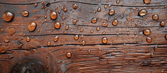 Rain has left water drops on a plywood surface with a wet wood background.