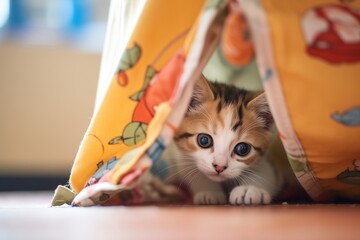 kitten playing hide and seek under a fabric play mat - obrazy, fototapety, plakaty