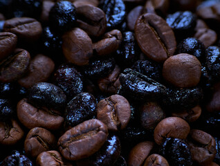 Coffee beans of varying degrees of roasting. Macro