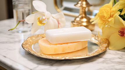 Fototapeta na wymiar Scented soap in bathroom, handmade diy cosmetic product, luxury body care gift and spa bath