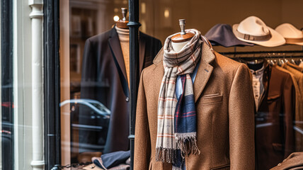 Fototapeta na wymiar Menswear store in English countryside style, autumn winter clothing collection