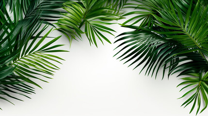 Green leaves of palm tree on white background. Flat lay, top view