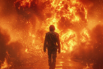 1980s action hero walks unwaveringly with an explosion behind him - obrazy, fototapety, plakaty