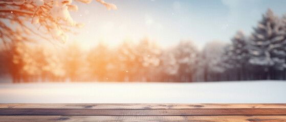 Wooden table snowy trees winter nature bokeh background, empty wood desk product display mockup snow landscape blurry abstract backdrop ads showcase Christmas time presentation. Mock up, copy space