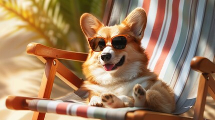 An AI-generated depiction featuring a Corgi sporting sunglasses, comfortably seated on a beach chair.