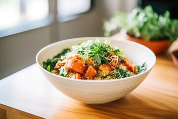 pile of sweet potatoes, quinoa, and leafy greens in a bowl