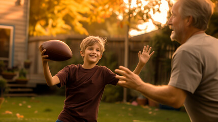 Child playing American football with grandfather in the backyard creating bonding and memories.