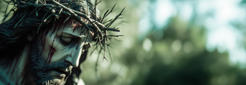 Statue of Jesus with crown of thorns, and bloody face. Christian Easter passion concept with copy space.
 - Powered by Adobe