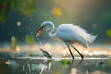 Egret catching fish and eating fish in the water