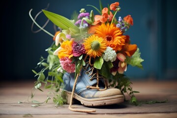 close-up of a floral arrangement in an old shoe