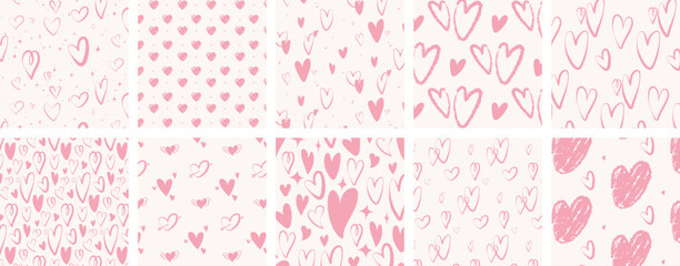 Pink hearts seamless pattern set. Valentines Day background