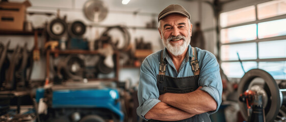 Seasoned mechanic with a warm smile stands proudly in his workshop, surrounded by tools and memories