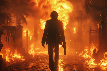 1980s action hero walks unwaveringly with an explosion behind him