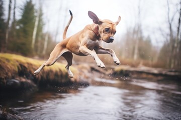 wide shot of a dog midleap over a brook - obrazy, fototapety, plakaty