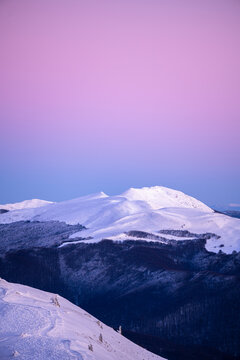 Winter landscape of the Bieszczady Mountains, Poland. A view of the Mount Tarnica from Polonina Carynska.