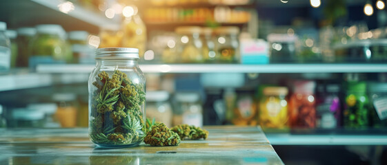 A jar of premium cannabis takes center stage in a dispensary, signaling a shift in cultural norms - obrazy, fototapety, plakaty