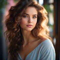 Portrait of a Woman with Curly Hair and Light Top in Outdoor Setting