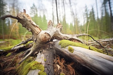 a dead tree in an otherwise verdant forest