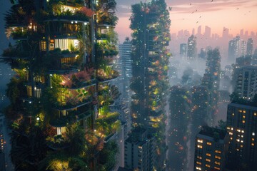 Fototapeta premium The city of the future with green gardens on the balconies