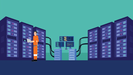 Data server computer room horizontal background with working staff, flat vector illustration. Database server engineers working in room with computers.