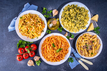 Set of cooked pasta with different sauces