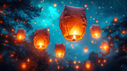 Obraz premium Lanterns in the Night Sky Glowing Lanterns Rise in the Blue Night Sky 
