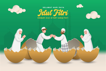 Happy eid mubarak greeting card. Cartoon muslim family hatching out of egg celebrating Eid al fitr. Concept of rebirth and new life. Translation: Happy Eid al fitr, return to purity on the holy day.
