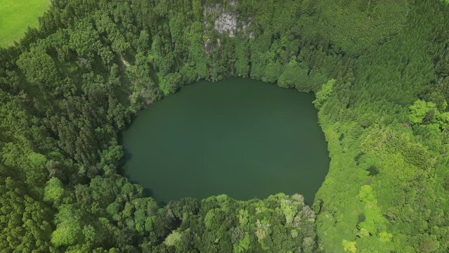 Drone flyover Lagoa do congro in Sao Miguel Island, azores archip
