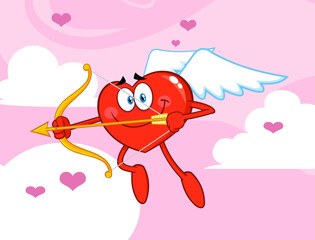 Happy Heart Cupid Cartoon Character Flying With Bow And Arrow. Illustration Isolated On Transparent Background