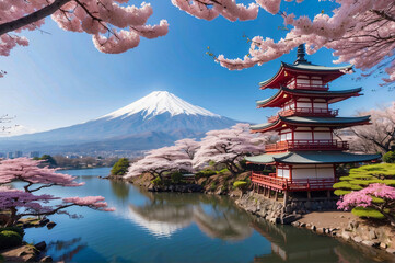 Beautiful view of Iconic Chureito pagoda during cherry blossom season with mt. Fuji, Fuji Five lakes, Japan