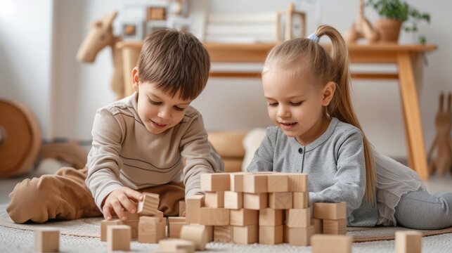 Boy and girl, children playing with wooden blocks