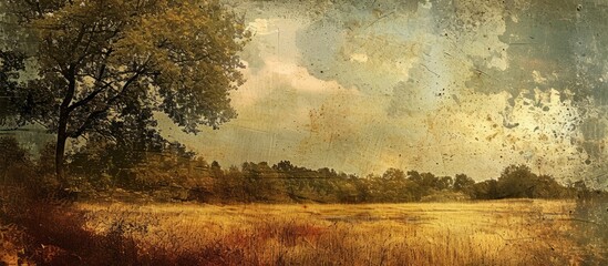 Computer-generated rural landscape with intricate grunge texture collage