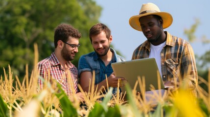 Diversity group of farmers are discussing in the corn field, using a laptop for learning and investment. Two men and one woman. Team work in agribusiness outside.hi five for successful agriculture.