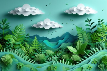Serene Green Paper Landscape With Trees, Hills, and Clouds in a Creative Craft Design