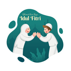 Selamat hari raya Idul Fitri is another language of happy eid mubarak in Indonesian. Cartoon muslim kids celebrating Eid al fitr on green background