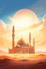 Illustration of a mosque at sunset with a full moon in the background