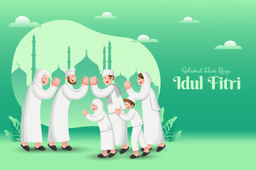 Selamat hari raya Idul Fitri is another language of happy eid mubarak in Indonesian. Cartoon muslim family celebrating Eid al fitr on green background