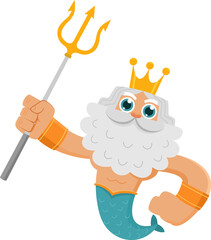 Sea God Poseidon Neptune Cartoon Character Holds Trident. Illustration Isolated On Transparent Background © HitToon.com